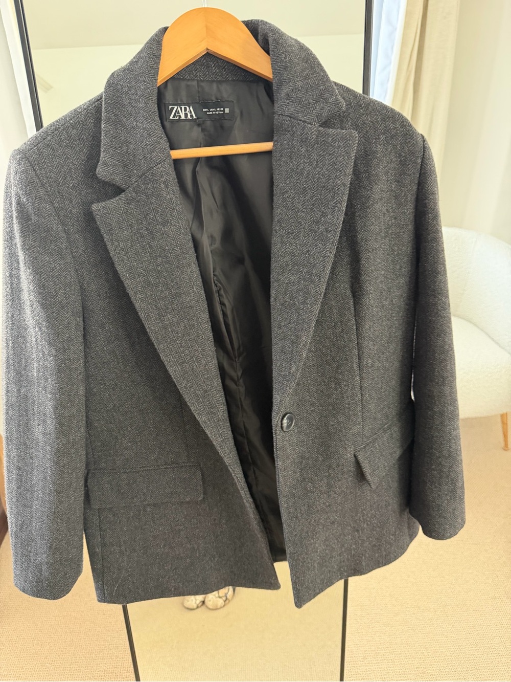 Zara Charcoal Gray Herringbone Single-Button Blazer